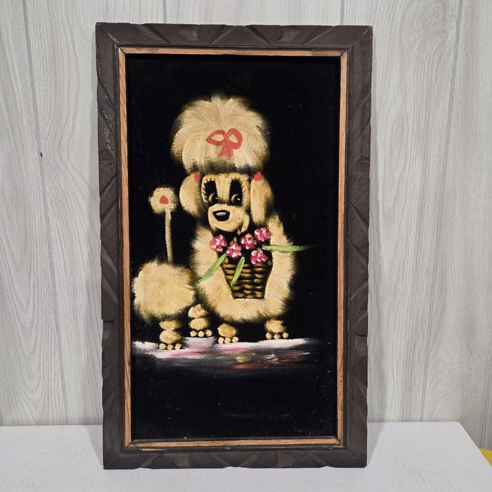 Vintage Black Crushed Velvet Artwork Folkart Hand Painting Cream Poodle  23x14In